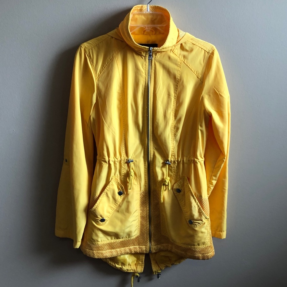 Suzy Shier Tunic Windbreaker Jacket Hood Zipper Mesh Coat Pockets Collar C